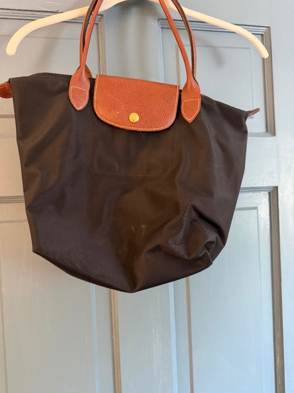 Longchamp Le Pliage Black Nylon Brown Leather Shoulder Tote Bag